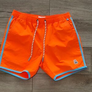 Psycho Bunny neon orange and baby blue size small men’s swim trunks